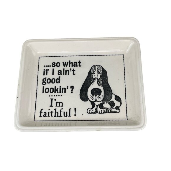 1970s Basset Hound Trinket Dish Humorous Quote & Cartoon Design White & Black - Picture 2 of 4